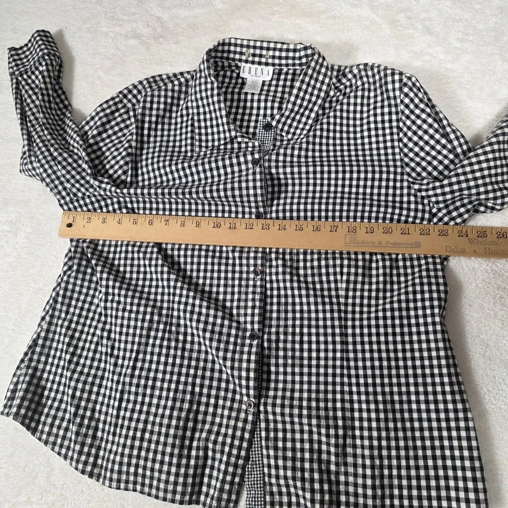 Erena Woman‎ Button Down Shirt Womens 2X Black Gingham Good Long Sleeve Stretch